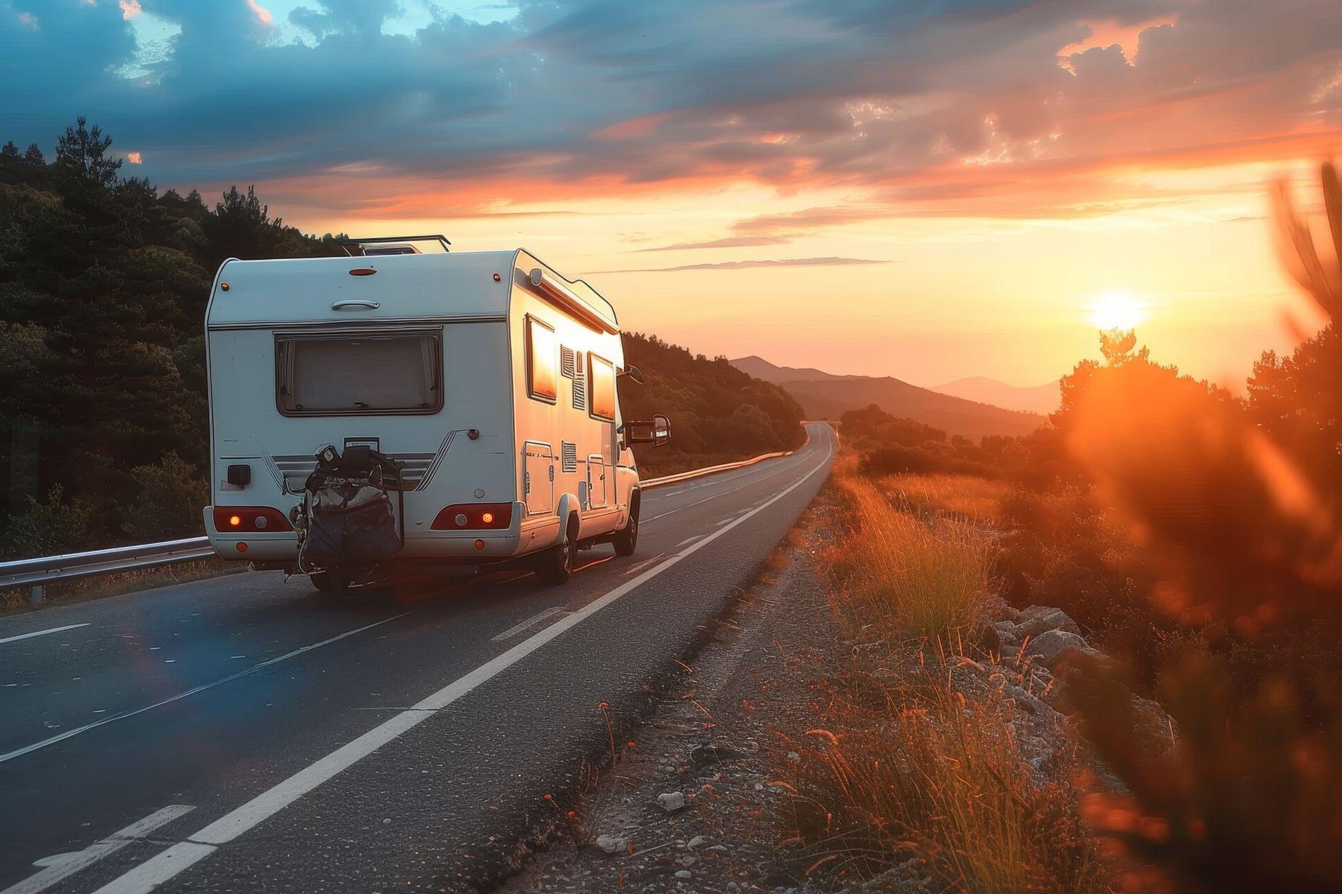 An RV driving into the sunset through a mountain range.